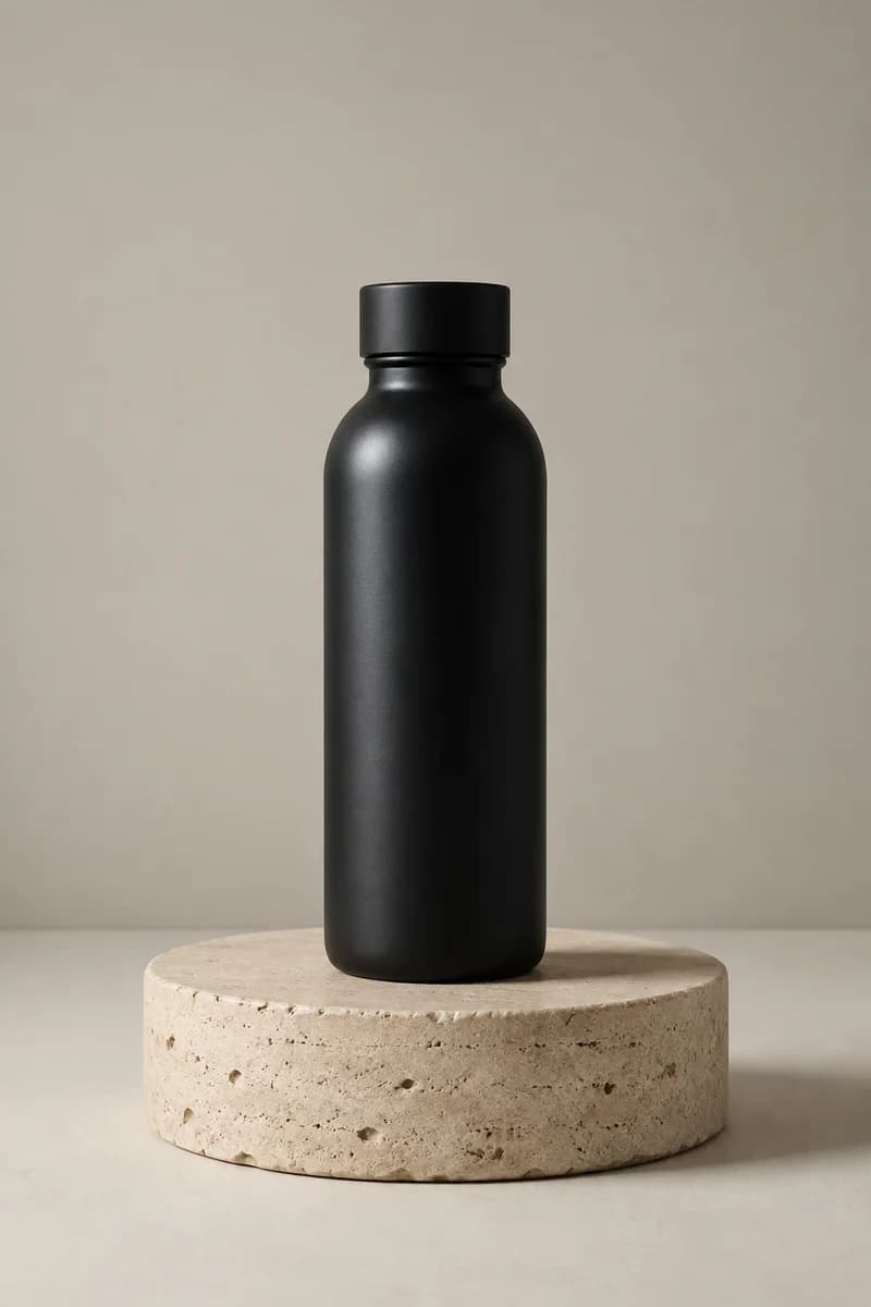 Text-only recreation: similar black bottle with a different cap and thicker pedestal