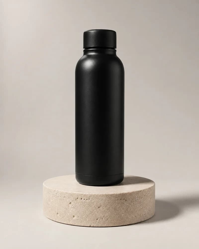 AI-generated reference: matte black bottle on a thin beige stone pedestal