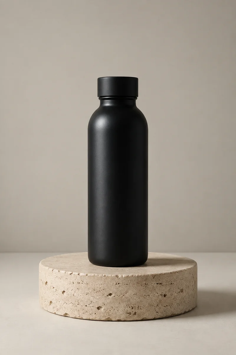 Recreation from the saved prompt: similar black bottle, different framing and pedestal