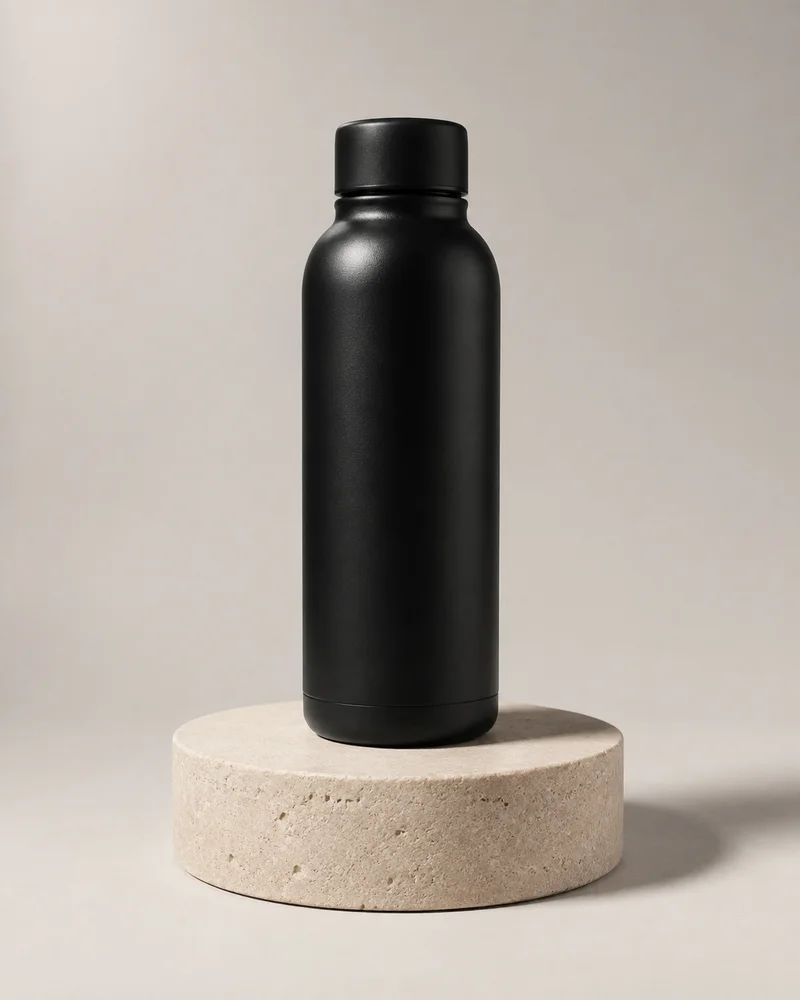 AI-generated tutorial reference: black bottle on a stone pedestal